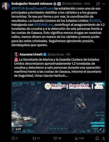 Autoridades mexicanas y la Guardia Costera estadounidense aseguraron 1.2 toneladas de droga y arrestaron a seis sospechosos en una embarcación. Captura de pantalla