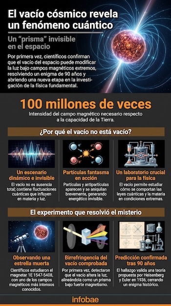 Infografía en fondo oscuro sobre física cuántica con ilustraciones de ondas, partículas, telescopios y diagramas explicativos.
