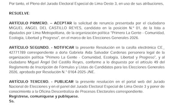 JEE acepta renuncia de Miguel