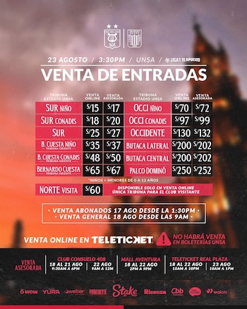 Los precios de las entradas para el FBC Melgar vs Alianza Lima por Liga 1 2026. - Crédito: @MelgarOficial
