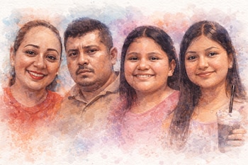 Retrato horizontal en estilo acuarela de cuatro personas: una mujer sonriente, un hombre serio, una niña sonriente y una adolescente sonriente con una bebida.