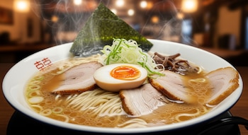 Un tazón grande de ramen tonkotsu humeante con fideos, caldo cremoso, rebanadas de panceta, medio huevo con yema naranja, cebollines y alga nori, sobre una barra.