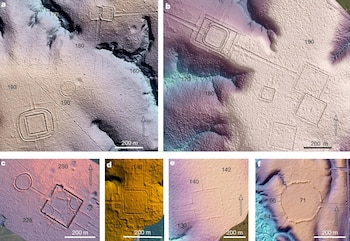 Seis paneles con vistas aéreas de terrenos. Muestran estructuras geométricas como cuadrados, círculos y líneas. Incluyen escala de 200 m y flecha de orientación