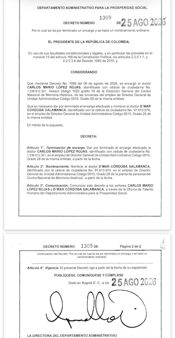 El Decreto 1309 del 25 de agosto de 2026 formalizó el nombramiento de D’Mar Córdoba Salamanca y puso fin al encargo de Carlos Mario López Rojas. - crédito Presidencia