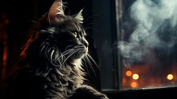 Gato con expresión triste en una sala de estar con humo de cigarrillo -visualesIA
