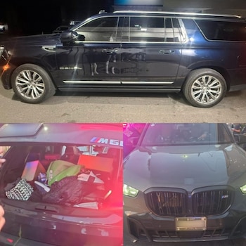 Camionetas robadas a la familia Cejudo y aseguradas por las autoridades tras las detenciones. Crédito: SSC