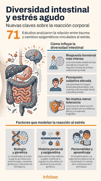 Infografía del cuerpo humano que muestra el sistema digestivo conectado al cerebro, con textos sobre diversidad intestinal, estrés y factores de respuesta.