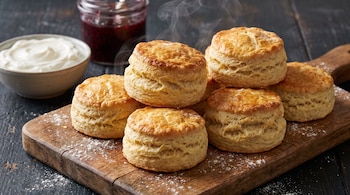 Scones dorados sobre una tabla de madera con harina espolvoreada, un plato con crema blanca y un frasco con mermelada roja.