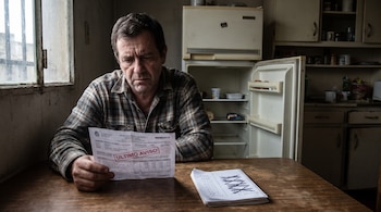 Hombre de mediana edad con camisa a cuadros mira una factura de servicios en una mesa de cocina. Hay una libreta con números tachados y un refrigerador abierto.