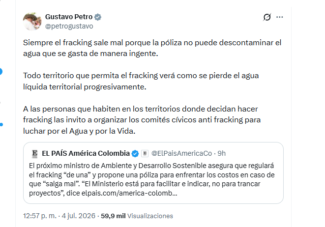 El presidente Gustavo Petro rechazó postura de Fabio Arjona sobre el fracking - crédito @petrogustavo/X