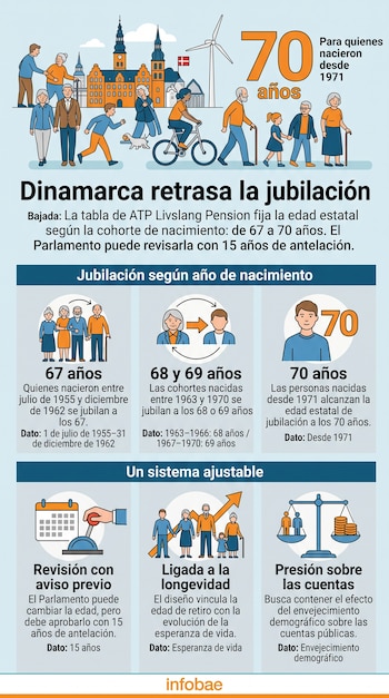 Infografía con ilustraciones de personas, íconos de un calendario, una balanza y texto sobre las edades de jubilación en Dinamarca.