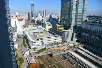 Vista en picado de la estación ferroviaria de Shinjuku con múltiples vías de tren, terrazas en las azoteas y rascacielos circundantes