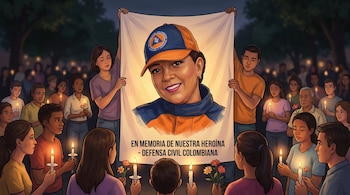 Ilustración de una velatón nocturna. Multitud con velas y flores. Pancarta central muestra retrato de mujer sonriente con uniforme de la Defensa Civil Colombiana.