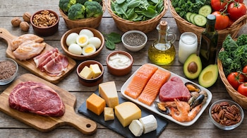 Filete de res, pollo, jamón, huevos, salmón, atún, camarones, mejillones, quesos, manteca, crema, aceites, paltas, brócoli, espinaca, pepino, tomates, nueces y semillas.