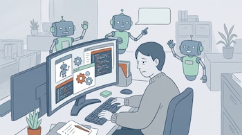 Persona sentada ante computadora, dos monitores muestran imágenes de inteligencia artificial. Cuatro robots con manos levantadas y burbuja de diálogo. Oficina con plantas.