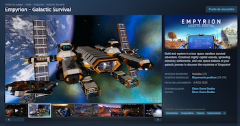 Captura de pantalla de monitor de ordenador con la página de Steam del juego Empyrion. Una nave espacial grande y una nave pequeña en órbita planetaria