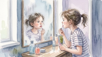 Ilustración en acuarela de una niña con coletas frente a un espejo, con un aplicador de brillo labial en la mano y frascos sobre la repisa.