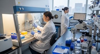 Dos científicas en batas blancas y guantes azules trabajan en un laboratorio. Una utiliza una cabina de bioseguridad, la otra opera un ordenador junto a un microscopio.