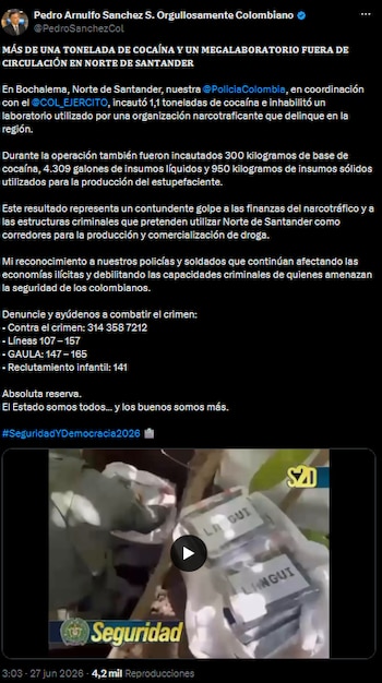 Gobierno incautó más de una tonelada de cocaína y desmanteló megalaboratorio en Bochalema - crédito @PedroSanchezCol/X