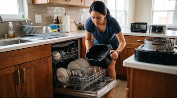 Una mujer frente a un lavavajillas abierto introduce la cesta de una freidora de aire junto a platos y vasos en una cocina.
