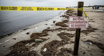 Playa con arena, agua oscura y turbia, una cinta amarilla "BEACH CLOSED" y un cartel rojo "BACTERIAL CONTAMINATION - NO SWIMMING" entre residuos y algas.