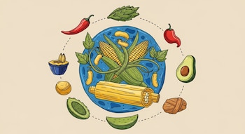 Ilustración plana de una tortilla de maíz azul y amarillo con mazorcas y frijoles entrelazados, orbitando chiles rojos, jitomate, aguacate, nopal y quelites verdes.