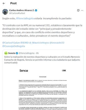 Post de Carlos Andrés Álvarez sobre el posible incumplimiento de Sencia en el contrato de la APP - crédito X