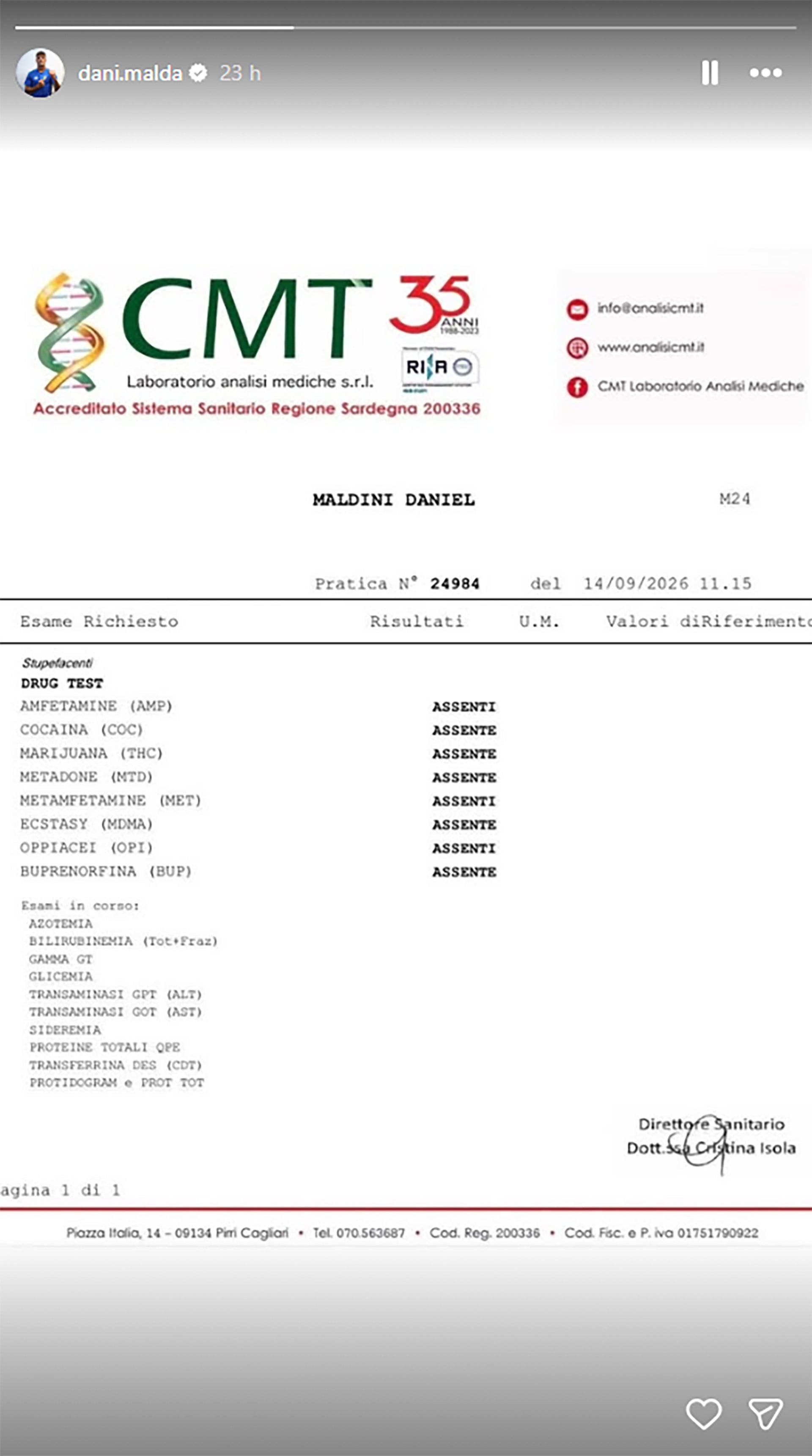 El futbolista Daniel Maldini difundió en redes sociales un certificado médico de un laboratorio de Cagliari