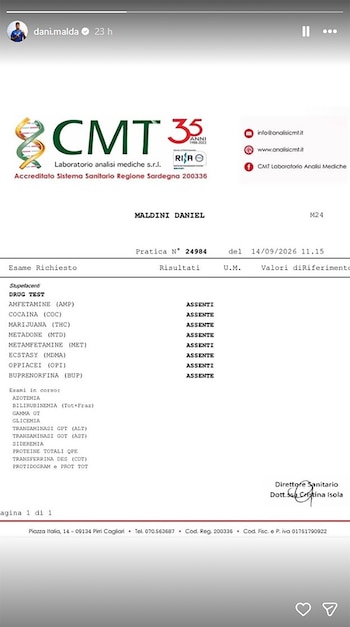 Documento médico de un laboratorio de Cagliari a nombre de Daniel Maldini que muestra resultados negativos en una prueba de drogas