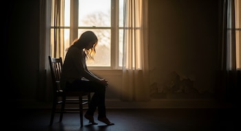 Una figura femenina sentada de perfil en una silla de madera, frente a una ventana que inunda su cabello de luz cálida en una habitación oscura.