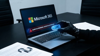 Mano enguantada sostiene token digital azul ante laptop con alerta de seguridad de Microsoft 365. Candado abierto y documentos en escritorio oscuro.