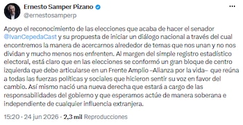 Ernesto Samper respaldó a Iván Cepeda y pidió iniciar una etapa de diálogo nacional en Colombia - crédito @ernestosamperp/X