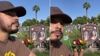 Un usuario de TikTok conmueve al visitar la tumba de su esposa fallecida hace 5 años. (@peloncito__loco)