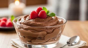Primer plano de un cuenco de cristal con mousse de chocolate cremoso, espolvoreado con cacao, decorado con tres frambuesas y hojas de menta, sobre una mesa de madera.