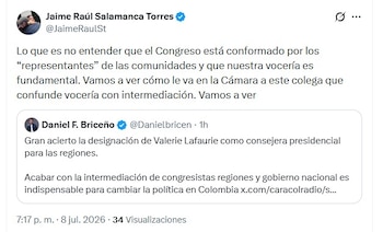 Jaime Raúl Salamanca respondió con un mensaje en el que cuestionó el conocimiento de Daniel Briceño sobre las funciones del Congreso - crédito @JaimeRaulSt/X