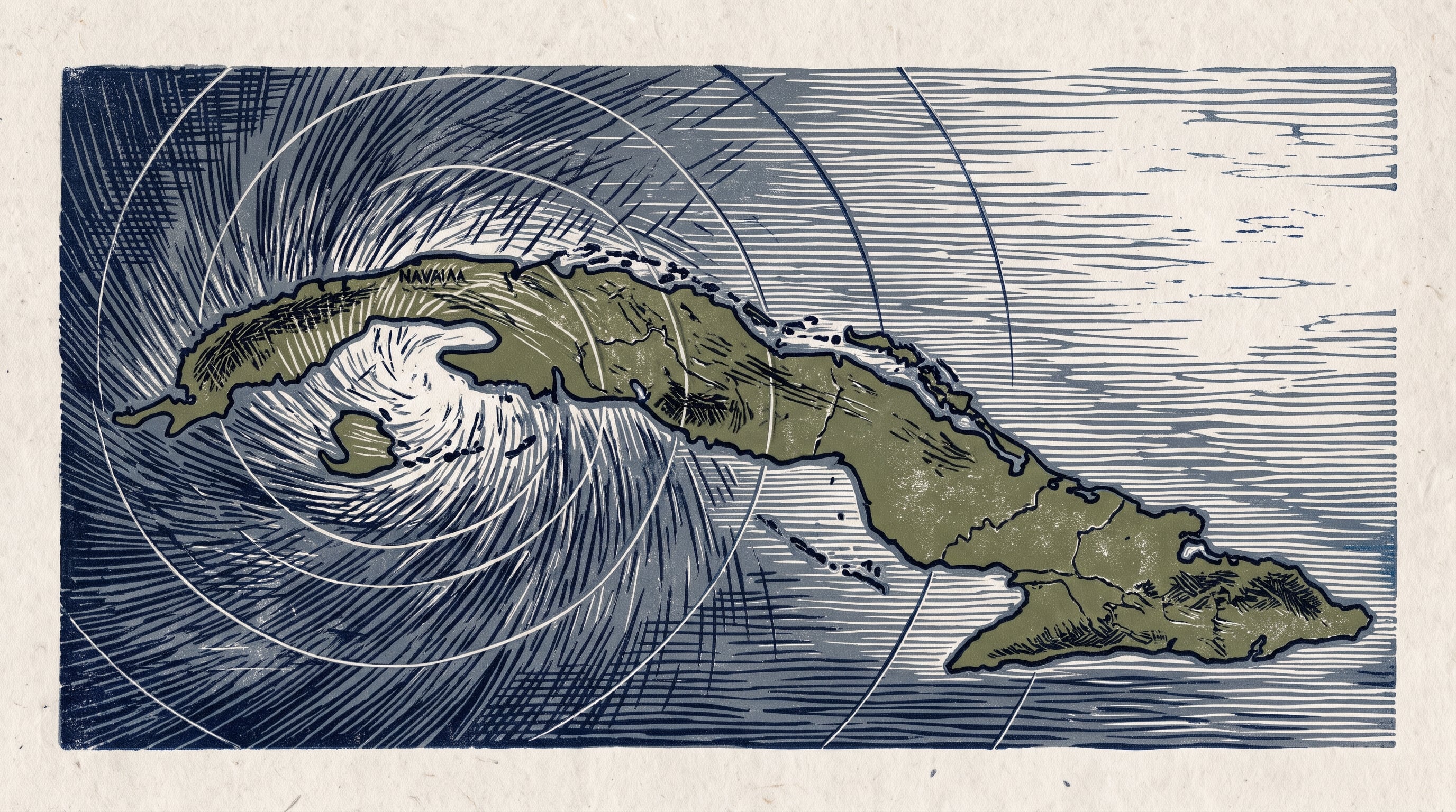 Un grabado en relieve ilustra el avance de un ciclón sobre la región occidental de Cuba con patrones de líneas concéntricas y vientos marinos. (Imagen Ilustrativa Infobae)