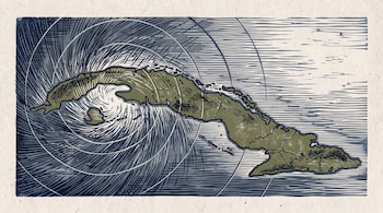 Grabado del mapa de Cuba en tonos verde y azul, con una espiral de líneas que cubre el extremo occidental de la isla.