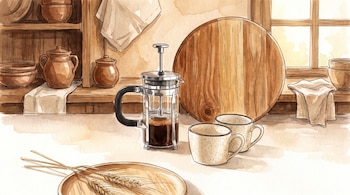 Ilustración de una cafetera de émbolo, dos tazas, una tabla redonda de madera, espigas sobre un plato y estantes con vasijas cerámicas.