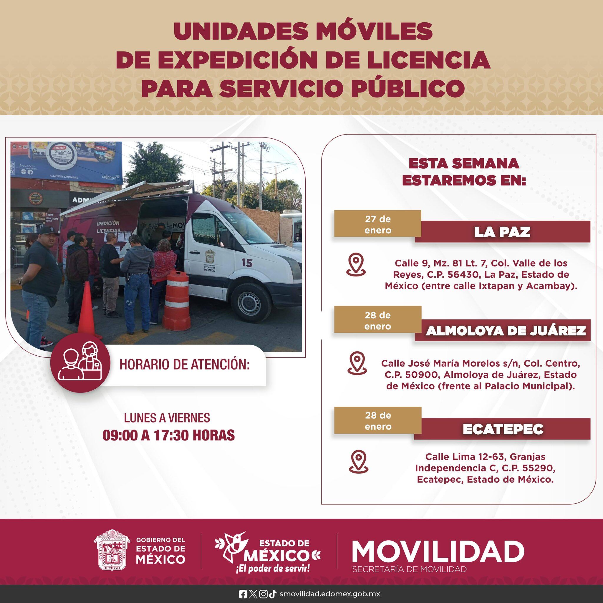 La Semov dio a conocer las ubicaciones de las unidades móviles que brindarán atención esta semana para que los mexiquenses puedan tramitar su licencia de conducir. (X@SEMOV_Edomex)