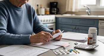 Manos de una persona mayor sujetan una factura; sobre la mesa hay papeles, una calculadora, píldoras en blíster y dos frascos de medicamentos.