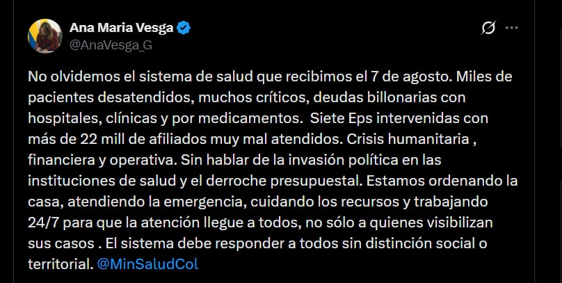 Ana María Vesga afirmó que desde el Ministerio de Salud están “ordenando la casa” para, según ella, cuidar los recursos y atender a todos los colombianos - crédito @AnaVesga_G/X