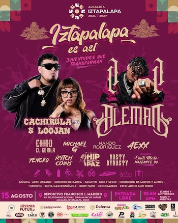 Póster de evento 'Iztapalapa es así' en fondo morado. Incluye fotos de Cachirula & Loojan y Alemán, así como fechas, lugar y actividades