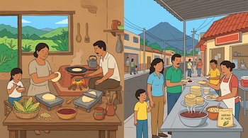Ilustración dividida con una familia cocinando en una vivienda rural a la izquierda y un puesto de tortillas en una calle urbana a la derecha.