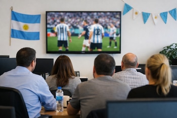 Cuatro personas de espalda miran una televisión que muestra un partido de fútbol en una oficina con una bandera y guirnaldas de Argentina.