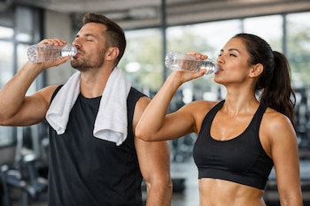 Un hombre y una mujer, visiblemente sudorosos, beben agua de botellas de plástico en un gimnasio. El hombre lleva una toalla blanca al cuello.