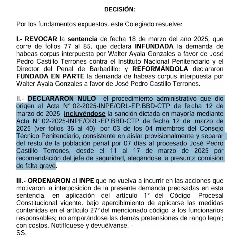 Sentencia a favor de Pedro Castillo.