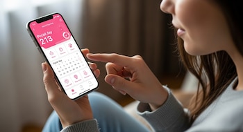 Primer plano de una mujer usando un smartphone con una aplicación de seguimiento menstrual abierta, mostrando un calendario y diversas opciones de registro.