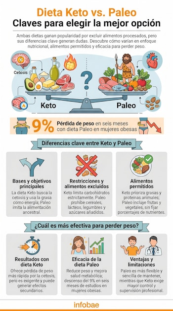 Infografía con título "Dieta Keto vs. Paleo". Muestra una balanza con alimentos Keto y Paleo, un cavernícola, un cerebro, y texto explicativo.