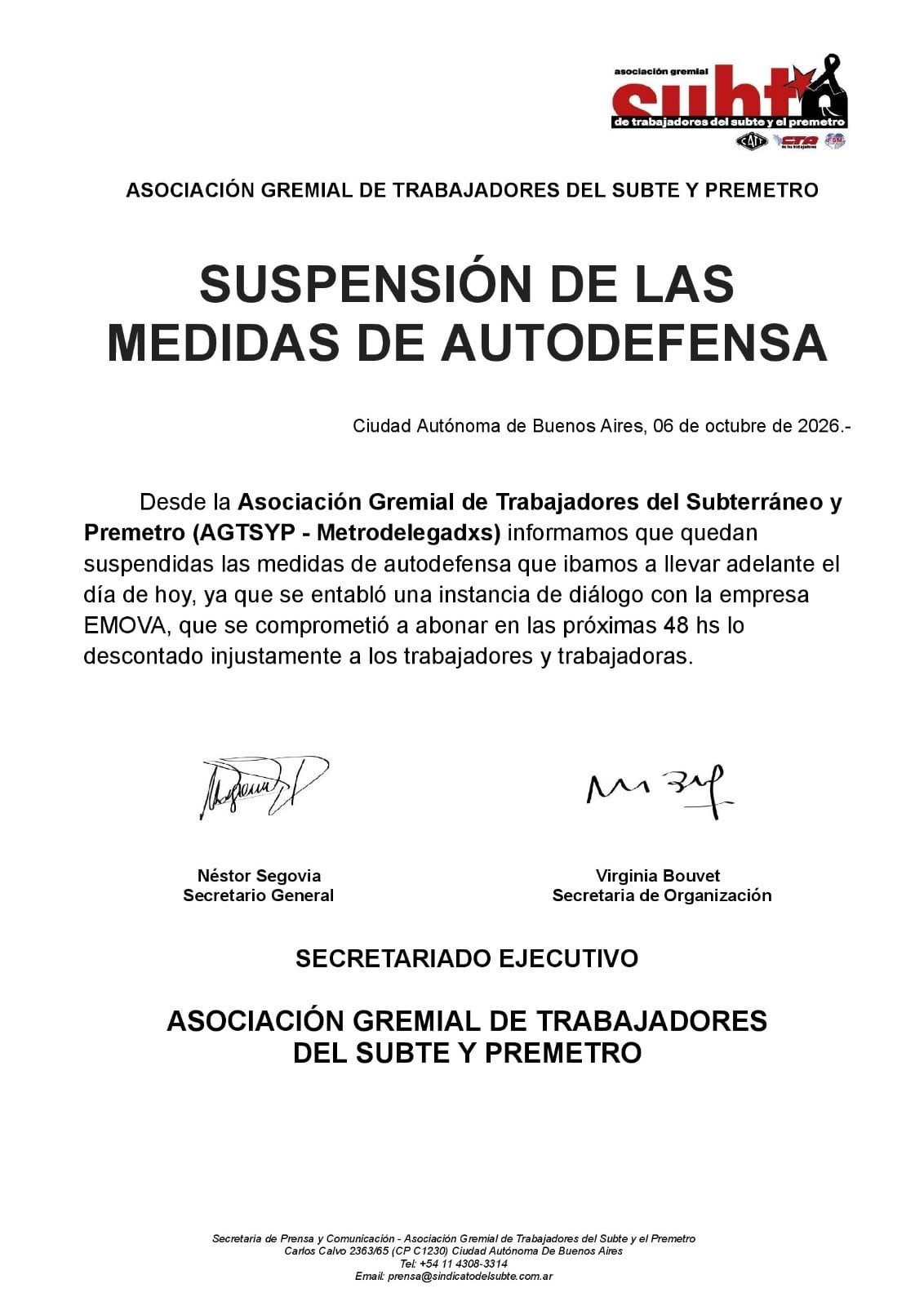 El comunicado oficial que difundió Metrodelegados