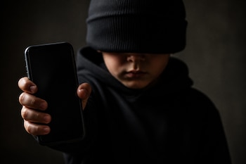 Un niño con un gorro negro que le cubre los ojos sostiene un teléfono celular negro directo hacia la cámara sobre un fondo oscuro.